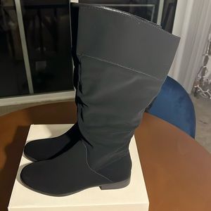 Style & Co Kelomae black microsuede scrunch boots. 13.5in shaft height w/ zipper